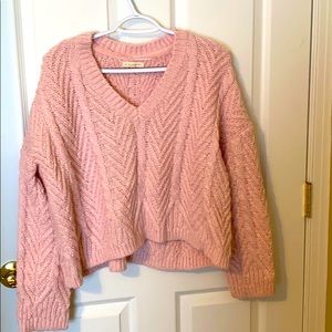 Pink cable knit v neck sweater